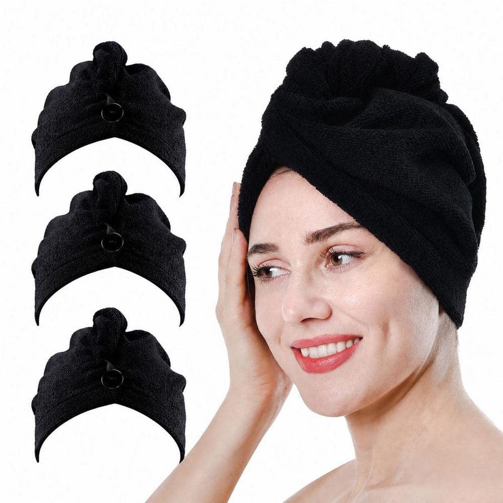 Black Hair Towel Wrap 3 Pack Bath Accessory Type Microfiber Quick Drying Turban for All Hair Types