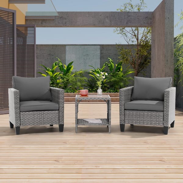JOYESERY 3-Piece Gray Wicker Patio Bistro Set Outdoor Single Sofa Set with Side Table for Outdoor Lawn, Gray Cushions