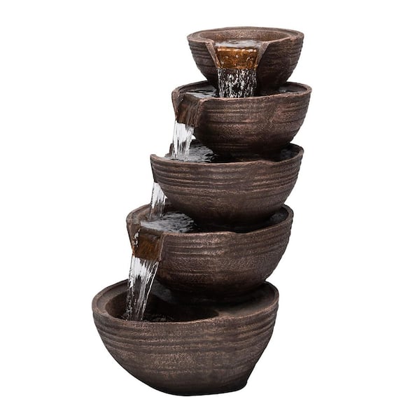 34 in. Tall Outdoor 5-Tier Modern Bowl Cascading Waterfall Fountain with LED Lights