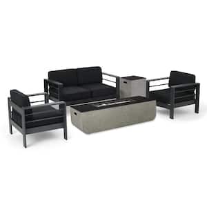 Cape Coral Grey 5-Piece Metal Patio Fire Pit Seating Set with Dark Grey Cushions