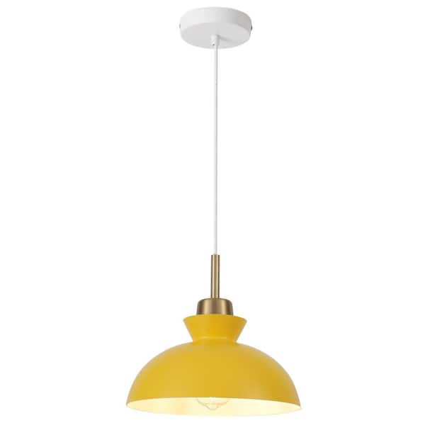 1-Light Simple Yellow Single Dome Pendant Light with Metal Shade