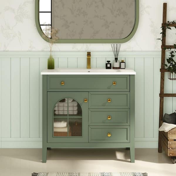 36 in. Freestanding Green Bath Vanity with White Ceramic Top Bathroom Cabinet with Motion-Sensor Light Unassembled