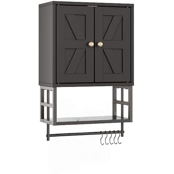 24 in. W x 30 in. H Black Medicine Cabinet without Mirror with 3 Shelves, Towel Bar, Hooks and Adjustable Shelves