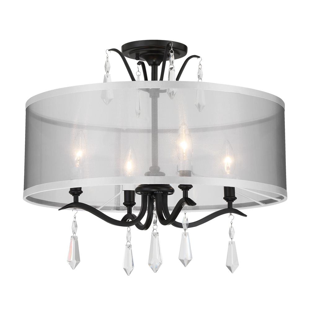 Laurel Estate Coal 4-Light Crystal Drum Pendant with Translucent Silver Linen Shade