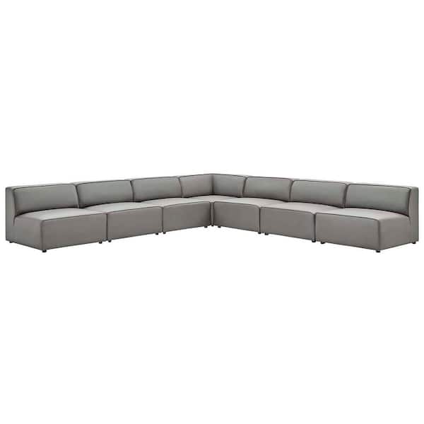 MODWAY Mingle 7-Piece Gray Faux Leather L-Shaped Symmetrical Sectional Sofa with Elegant Trim Piping
