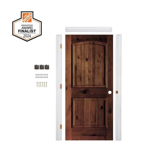 DIY 36 in. x 80 in. Knotty Alder LH Top Arch VG Red Mahogany Stain Wood Single Interior Door Kit w/ Quick Assemble Jamb