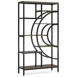 Eulas 70.47 in. Tall Grey and Black Wood 7-Shelf Staggered Bookcase with Geometric Frame, 7-Tier Display Shelving Unit