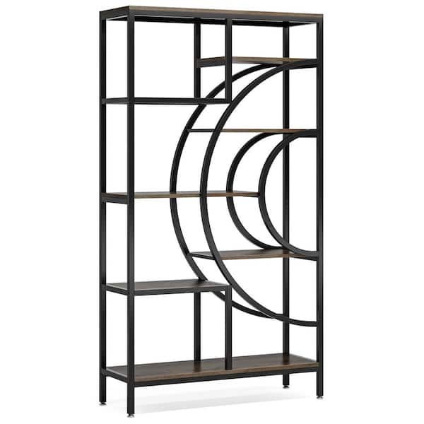 BYBLIGHT Eulas 70.47 in. Tall Grey and Black Wood 7-Shelf Staggered Bookcase with Geometric Frame, 7-Tier Display Shelving Unit