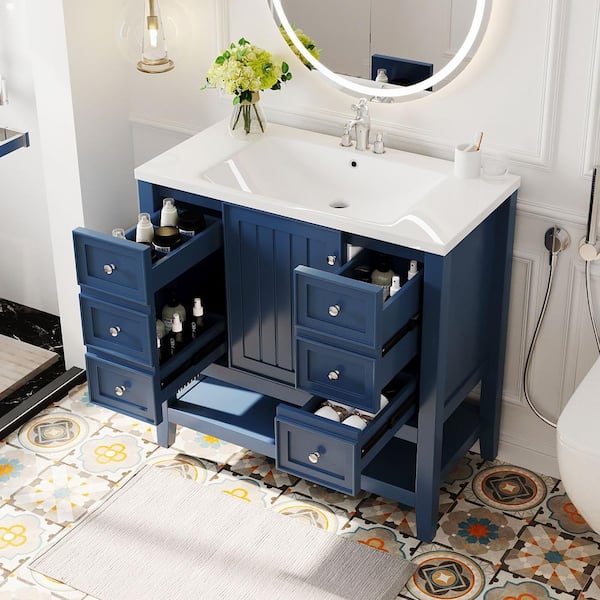 36 in. Single Sink Blue Bath Vanity with White Ceramic Top and Adjustable Shelf