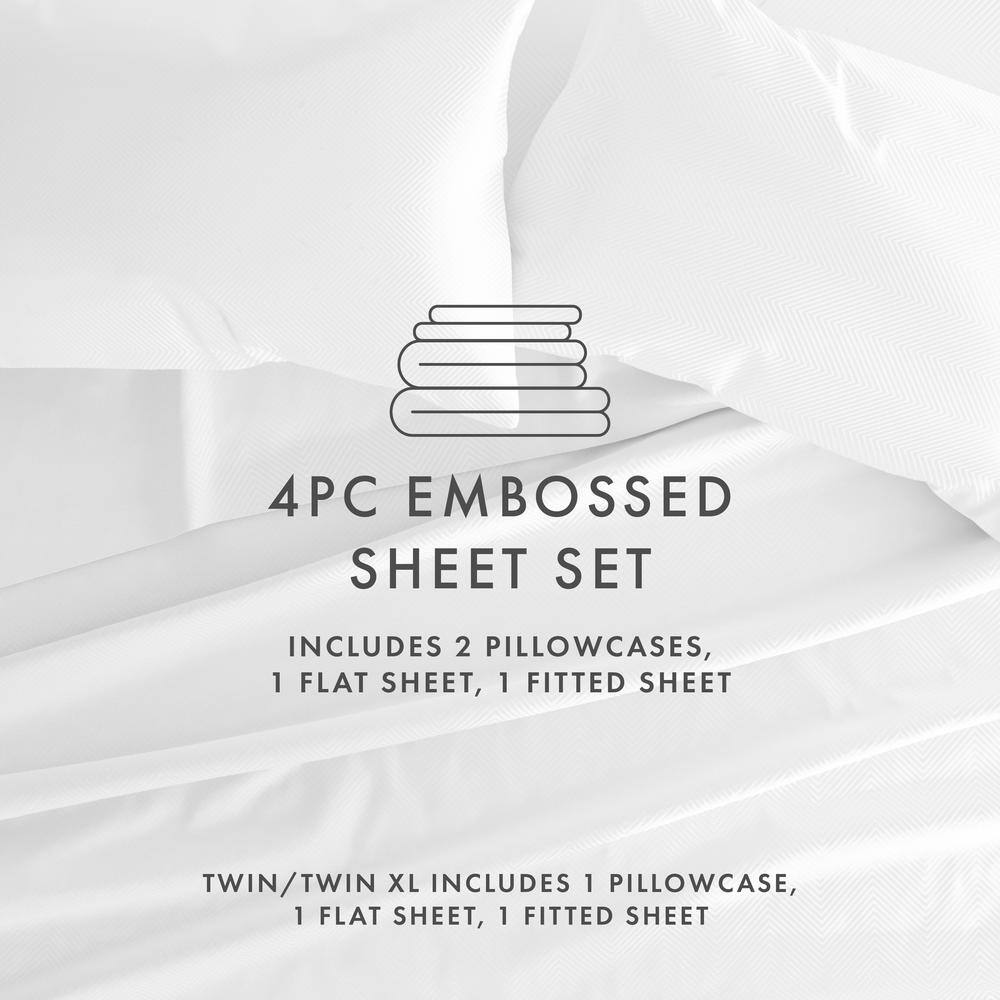 Twin White Chevron Embossed Microfiber Bed Sheet Set