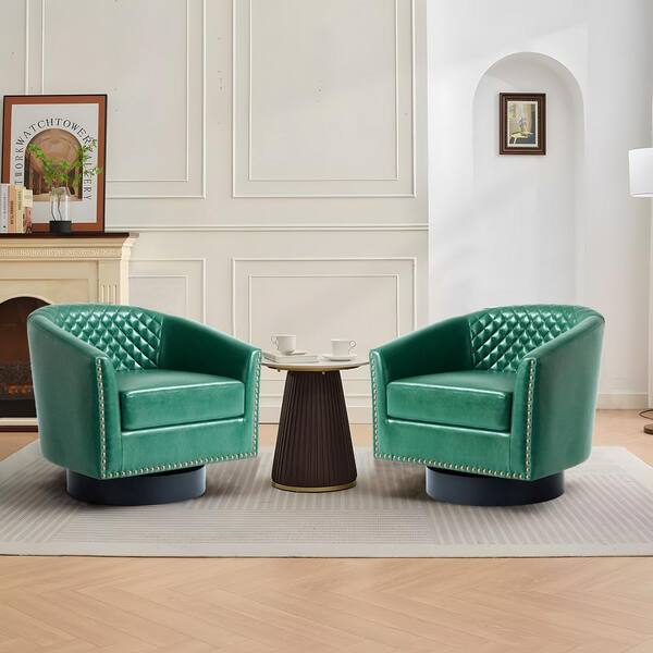 Uixe Mid-Century Green PU Leather 360° Swivel Accent Arm Chair