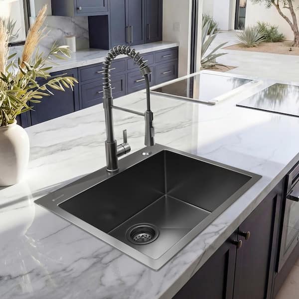 25 in. Drop-In Single Bowl 18 Gauge Gunmetal Black Stainless Steel Kitchen Sink with Black Spring Neck Faucet