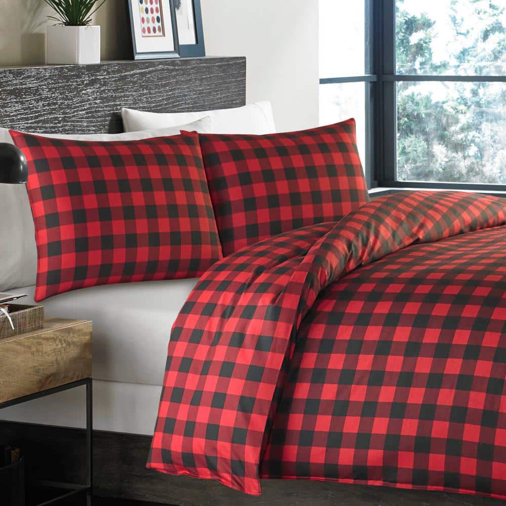 Queen Red and Black Cotton Plaid Duvet Cover Set