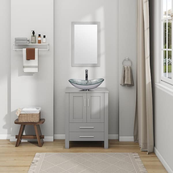 24 in. W x 20 in. D x 32 in. H Single Sink Gray Bath Vanity with Silver Solid Surface Top Sink and Mirror
