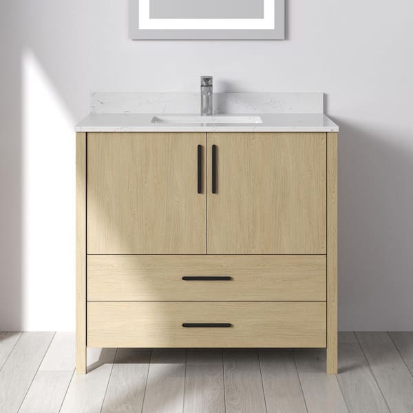 Nodus 36 in. W x 22 in. D x 34 in. H Single Sink Freestanding Bath Vanity in Oak with White Carrara Cultured Marble Top
