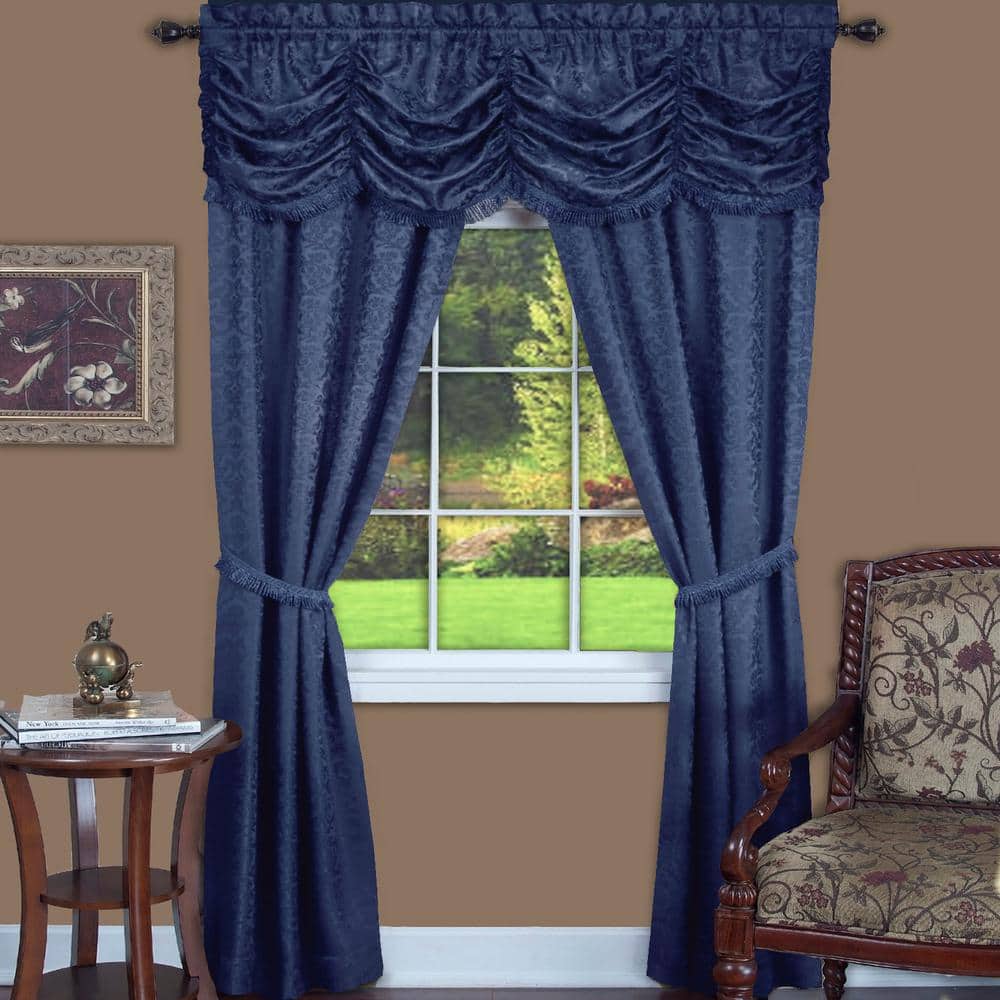 Navy Blue Jacquard Damask Curtains with Austrian Valance and Tiebacks