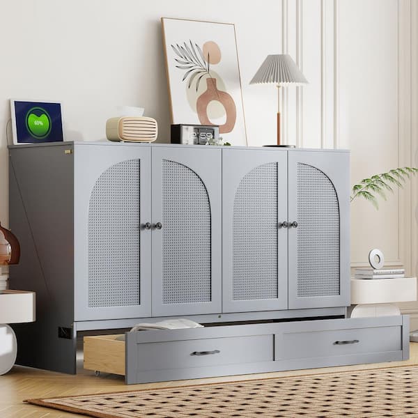 Harper & Bright Designs Gray Wood Frame Queen Size Murphy Bed Modern Rattan Decorative Surface with Large Drawer, USB Charging Port