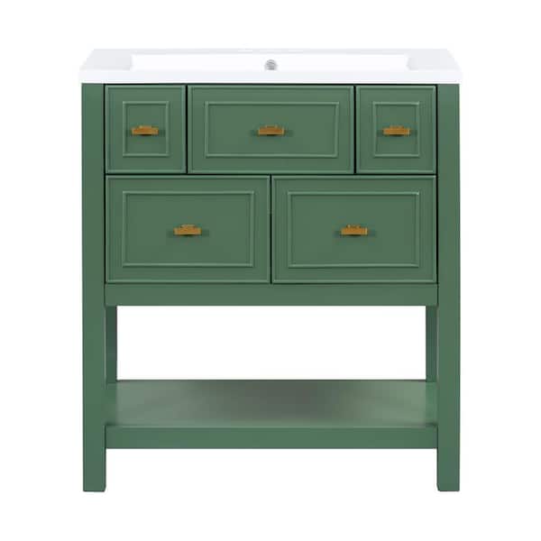 JimsMaison 30 in. W Single Sink Freestanding Bath Vanity in Green with White Resin Top