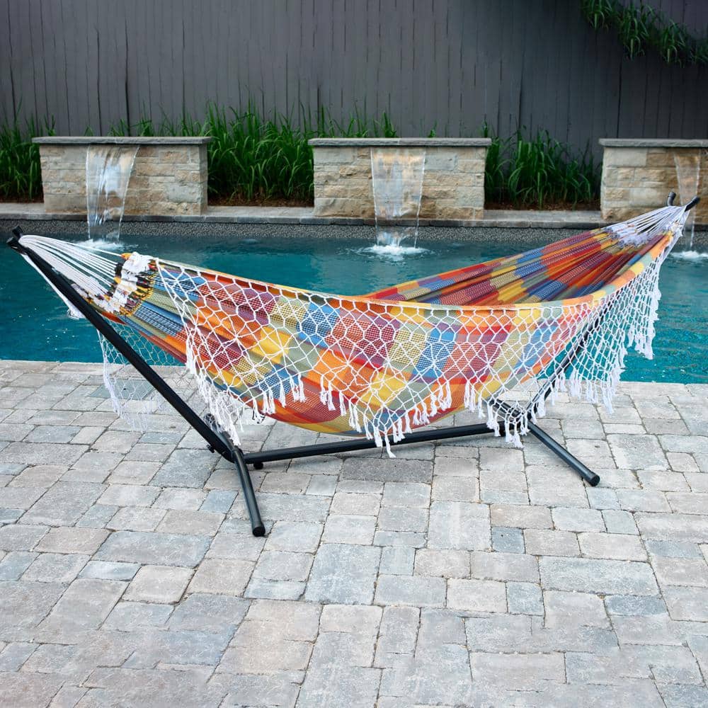 Vibrant Carnival 10 ft. Brazilian Cotton Hammock with Steel Stand