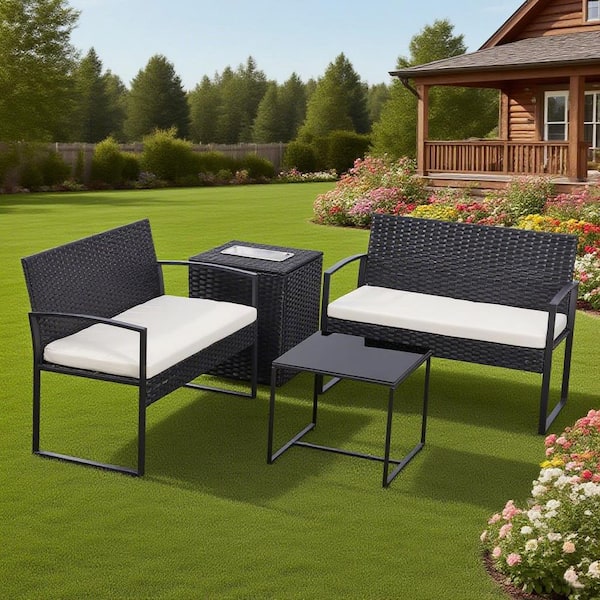4-Piece Black Metal Patio Conversation Set with Beige Cushions ZN-2987 ...