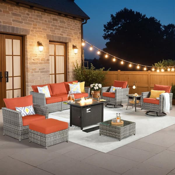 Eufaula Gray 10-Piece Wicker Patio Fire Pit Conversation Sofa Set with Swivel Rocking Chairs and Orange Red Cushions