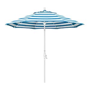 9 ft. Matted White Aluminum Collar Tilt Crank Lift Market Patio Umbrella in Cabana Regatta Sunbrella