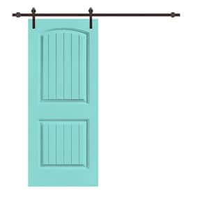 Elegant 36 in. x 80 in. Mint Green Stained Composite MDF 2 Panel Camber Top Sliding Barn Door with Hardware Kit