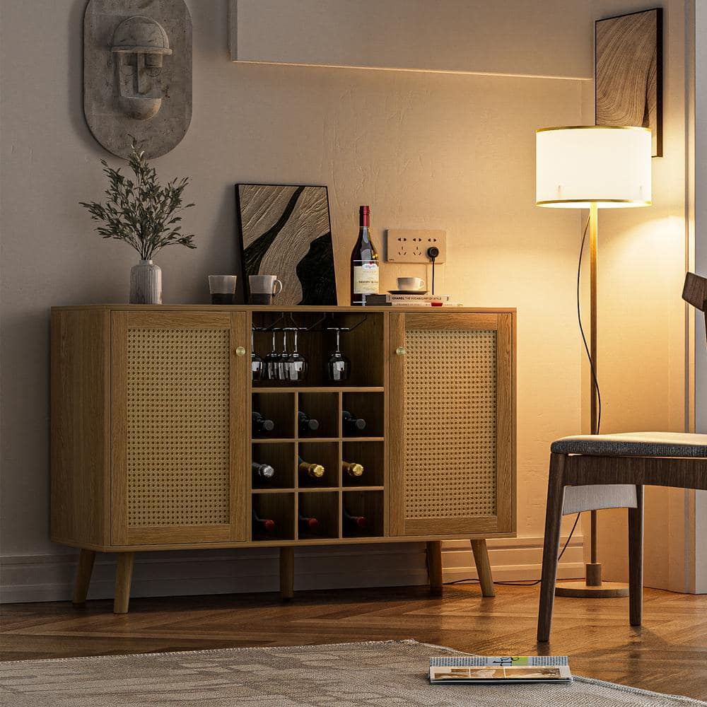 Rustic Oak and Rattan Wine Bar Cabinet with Adjustable Shelves