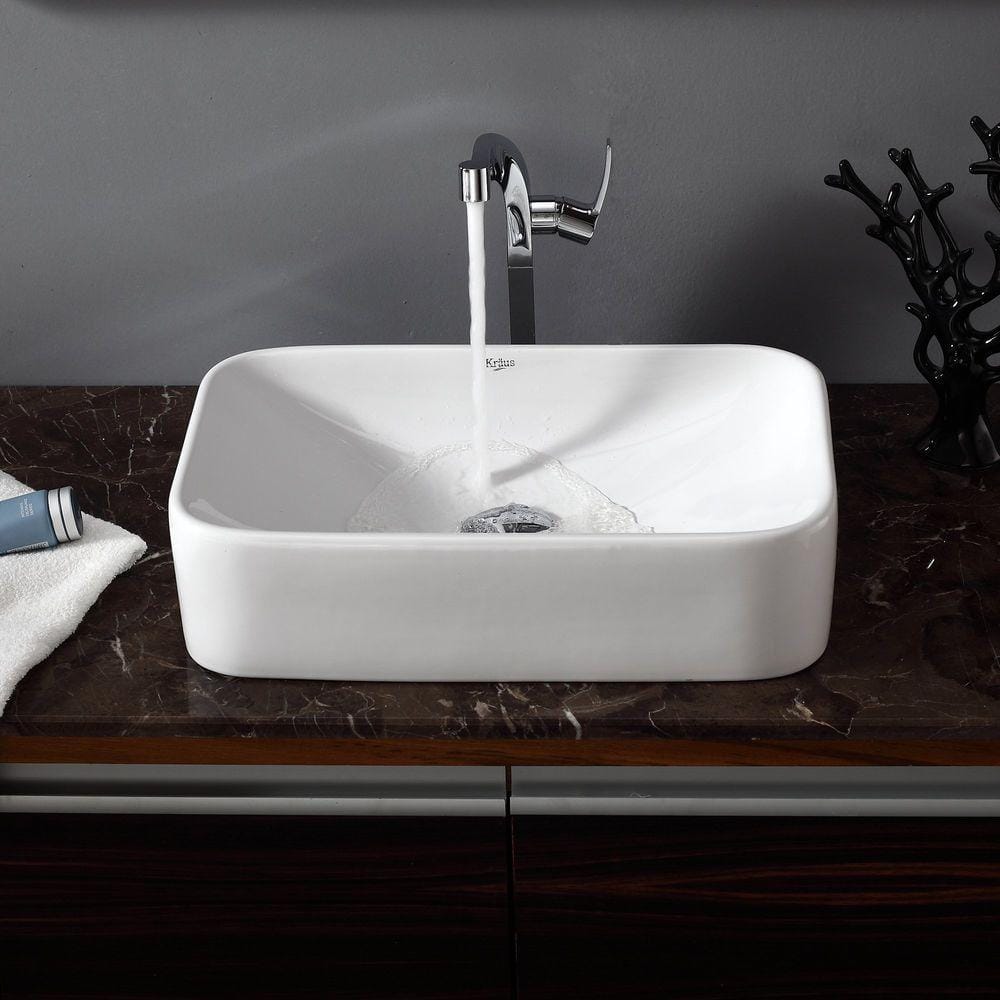 White Ceramic Rectangular Above-Counter Vessel Sink with Chrome Drain