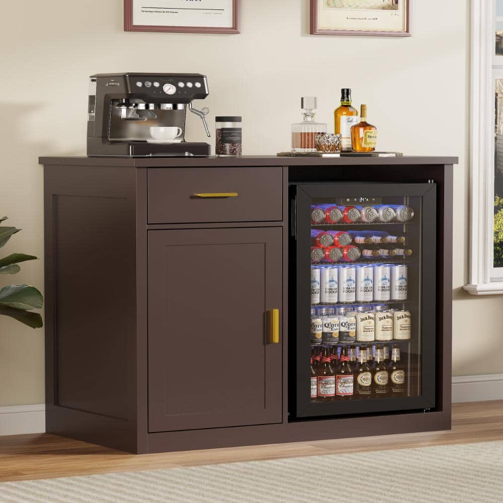 Coffee Bar Cabinet with Beverage Fridge Included, Coffee Station with Storage, Buffet Sideboard for Living Room, Brown