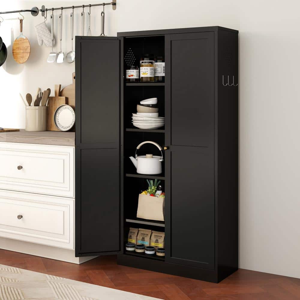 61 in. H Black Metal Kitchen Pantry Cabinet with 4 Adjustable Shelves