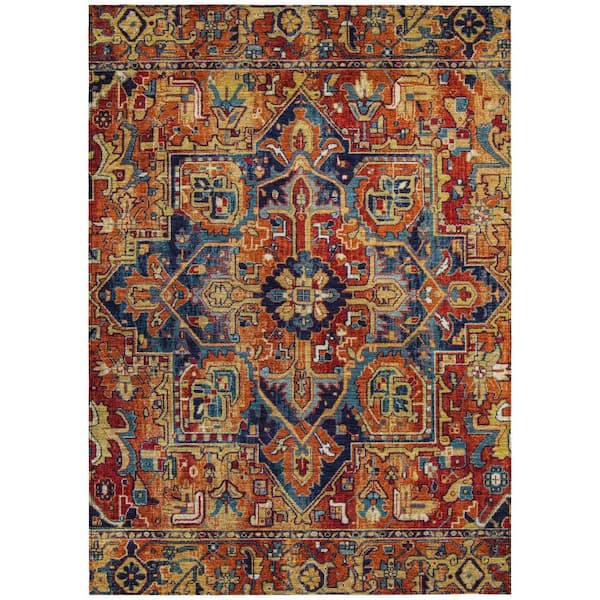 Red Orange and Blue 5 ft. x 8 ft. Woven Oriental Rectangle Indoor/Outdoor Area Rug