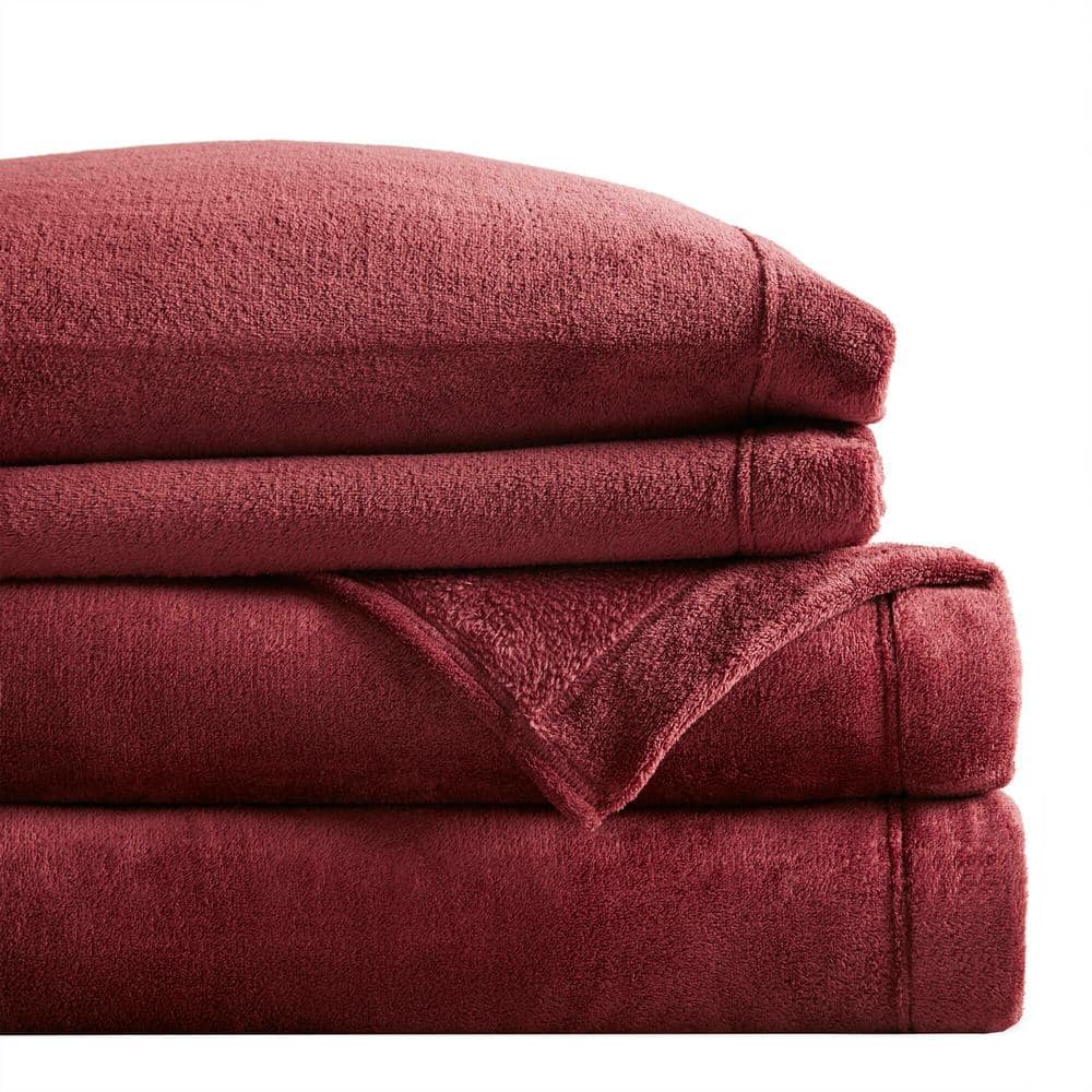 Burgundy Plush Polyester Queen Sheet Set with Pillowcases