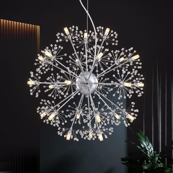 SILJOY Modern 24-Light Crystal Chandelier Polished Chrome Sputnik Pendant Lighting For Bedroom