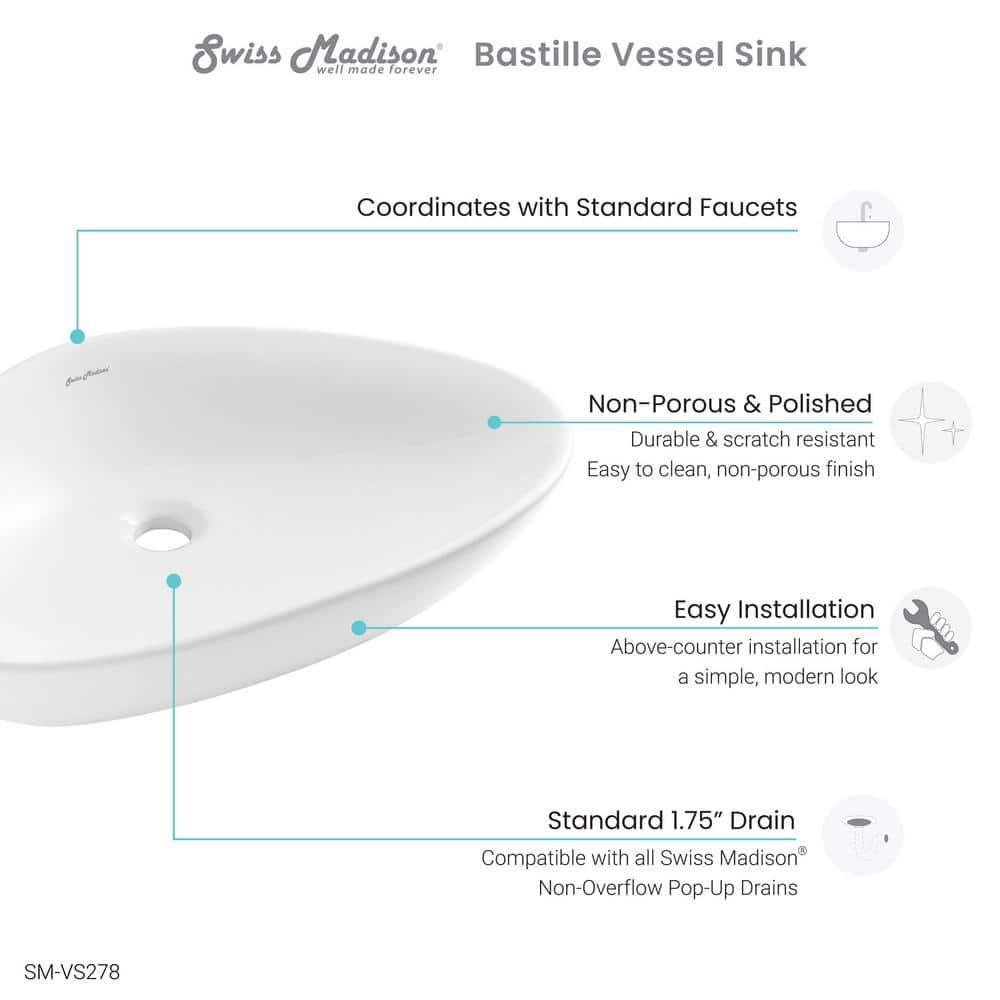 White Ceramic Above-Counter Vessel Sink, 23"