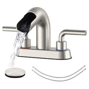 4 in. Bathroom Faucet Double Handle 3-Hole Waterfall Bathroom Sink Faucet with Pop-Up Drain in Brushed Nickel