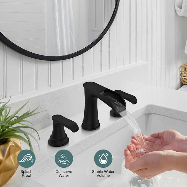 Waterfall 8 in. Widespread Double-Handle Black Bathroom Faucet Set 3-Holes Vanity Sink with Metal Drain in Matte Black