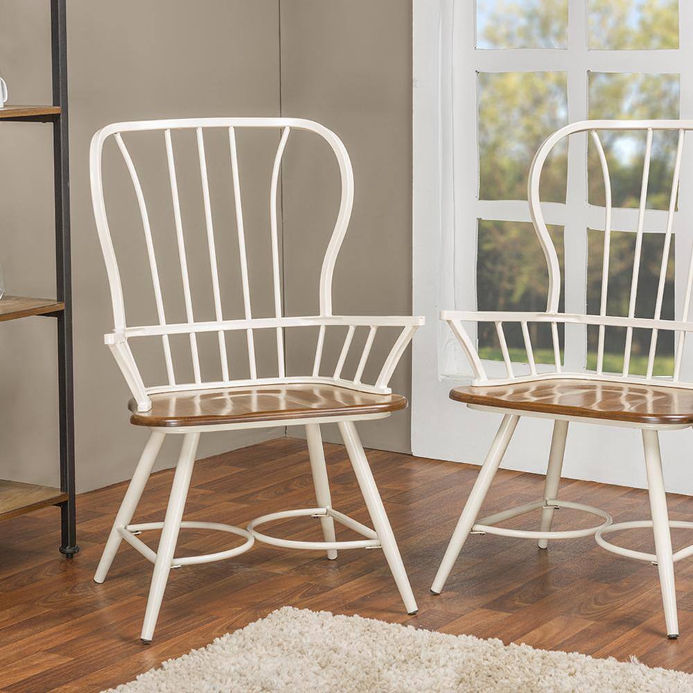 Windsor High Slat Metal Arm Chair in White with Dark Walnut Seat