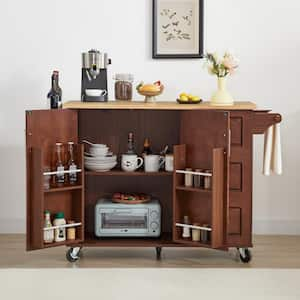 Retro Brown Wood Kitchen Cart Kitchen Island with Drop Leaf, Storage Rack, 3-Drawer