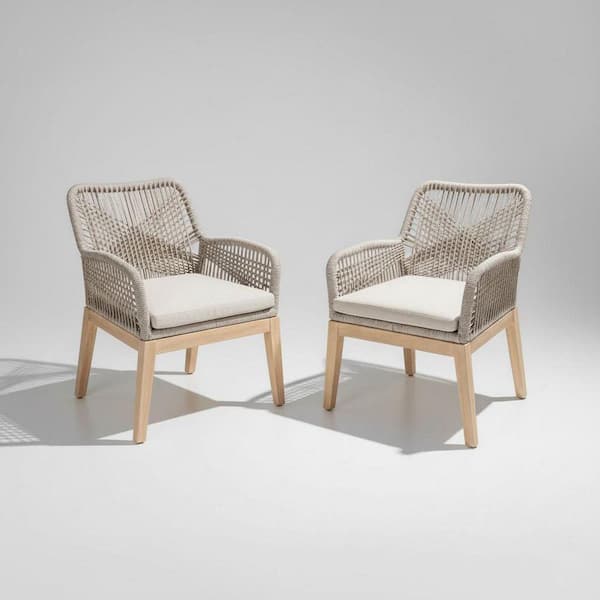 Ottawa Beige Arm Wood Rope Outdoor Dining Chair with Beige Cushion (2-Pack)