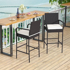 2-Pieces Patio PE Wicker Outdoor Bar Stools Bar Chairs Counter Height with Armrests and White Cushions Brown
