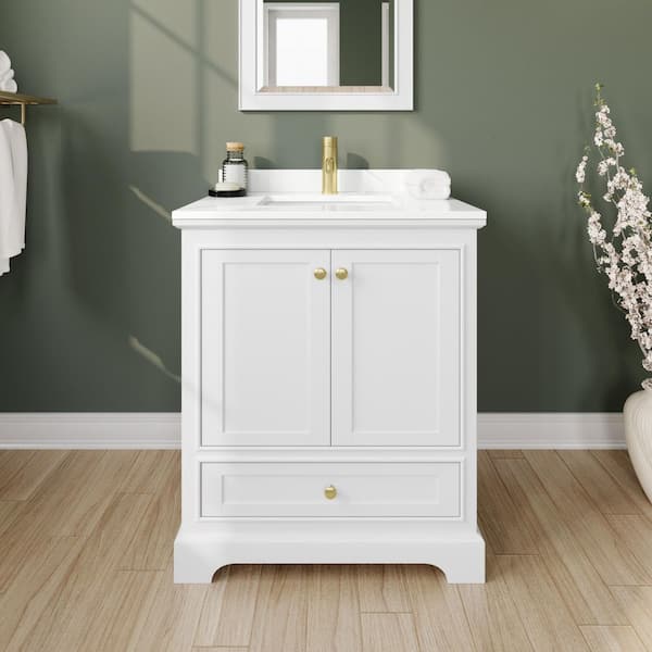 Wyndham Collection Deborah 30 in. W x 22 in. D x 35 in. H Single Bath Vanity in White with White Quartz Top and MC Mirror