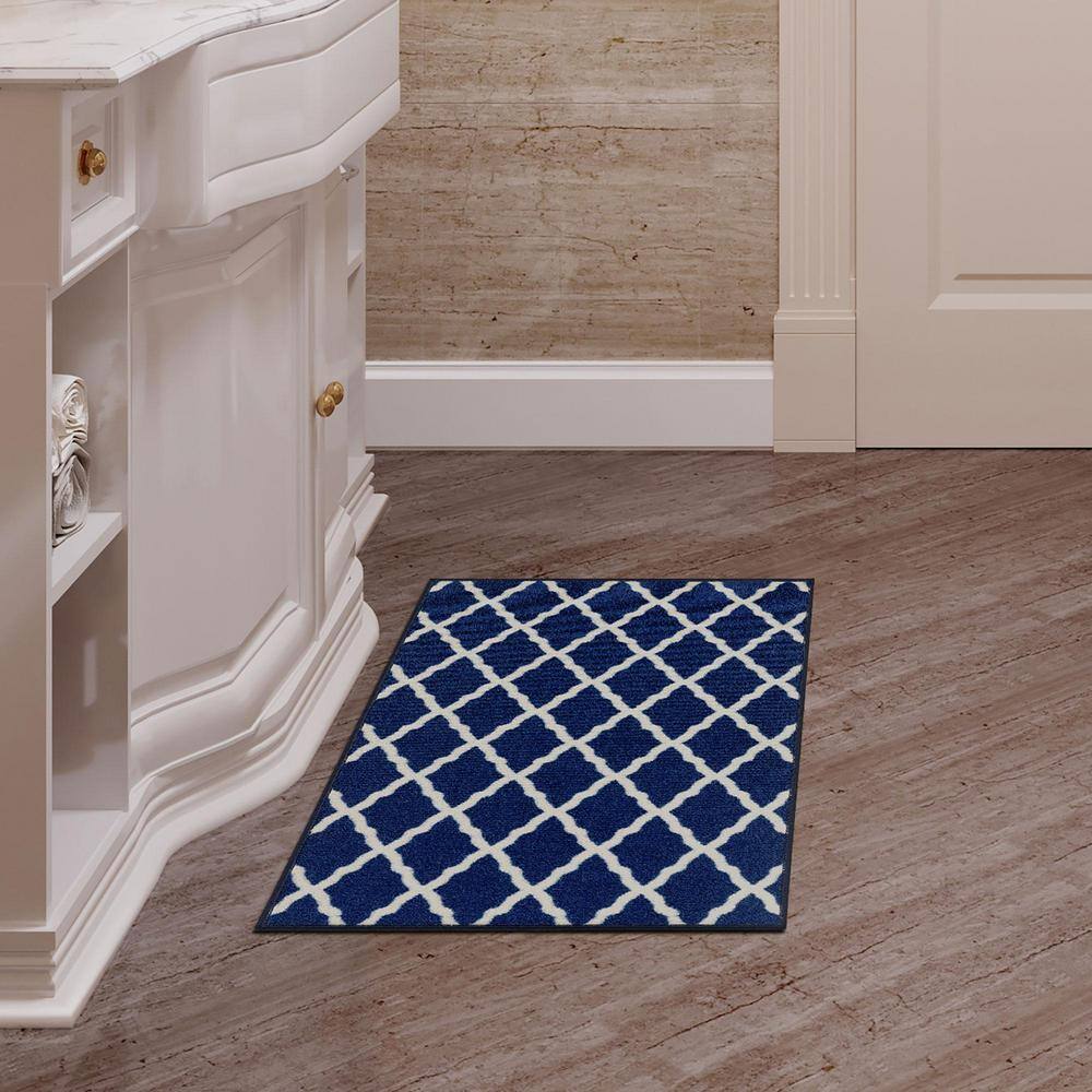 Navy and Ivory Synthetic Trellis Non-Slip Area Rug, 2'3" x 3'