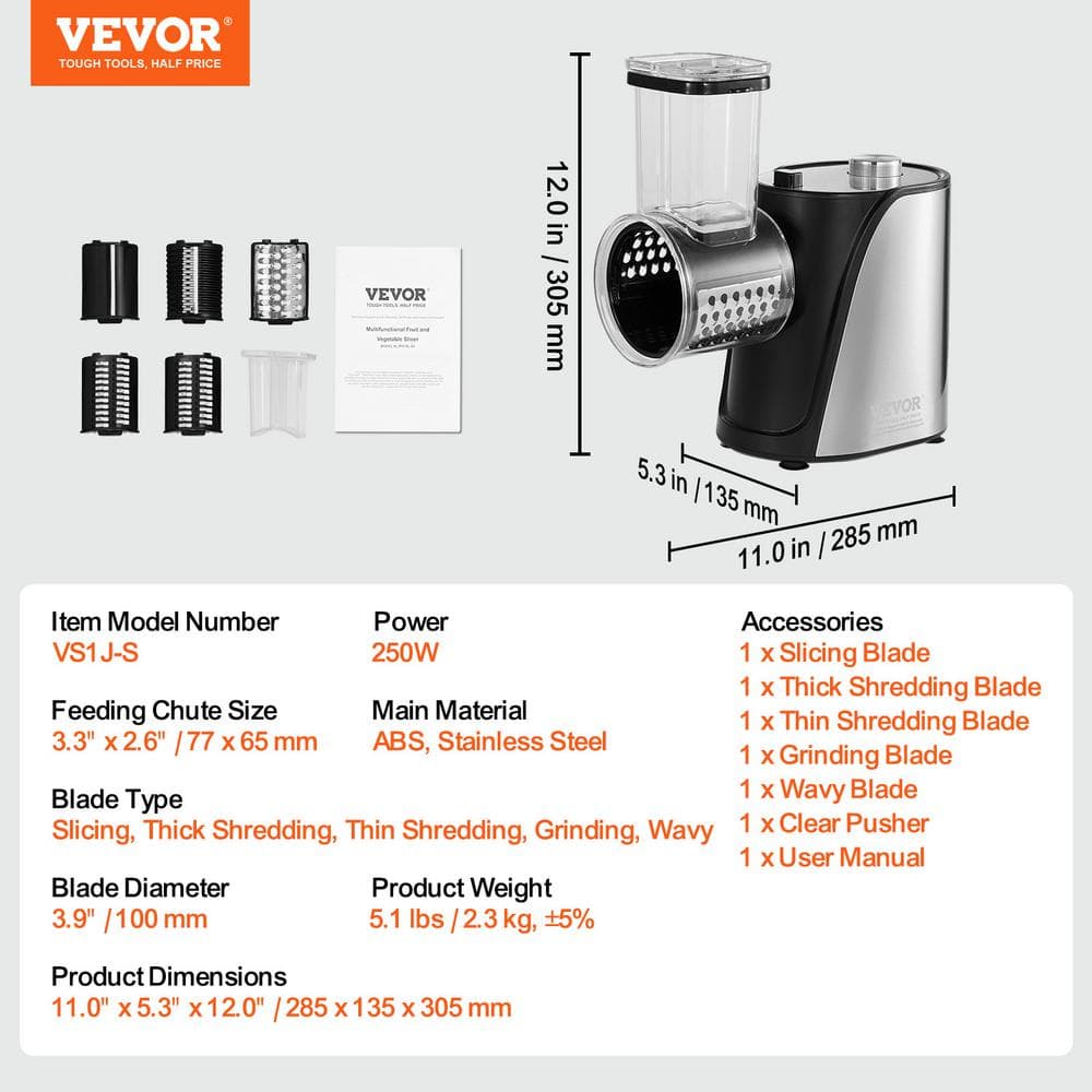 Stainless Steel 250W Electric Cheese and Vegetable Slicer with 5 Blades