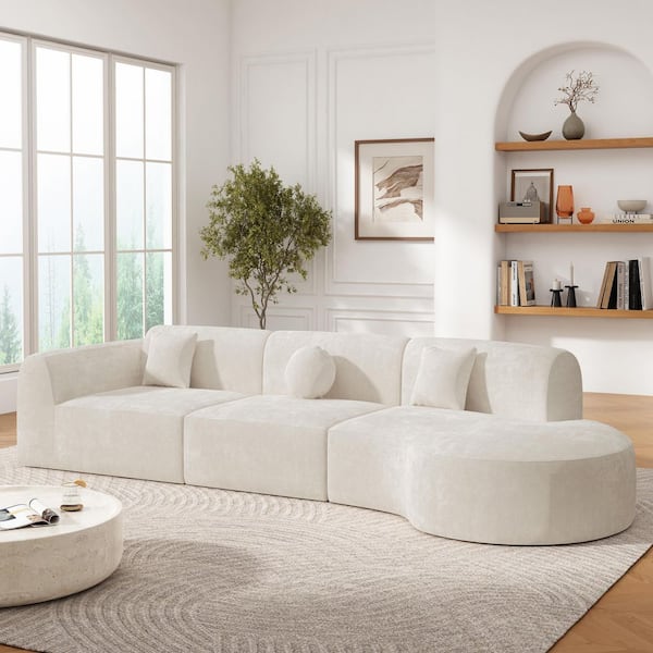 Dakota Modern 140 in. 3-Piece Modular Polyester Upholstered Curved Sectional Sofa in. Beige with Pillows