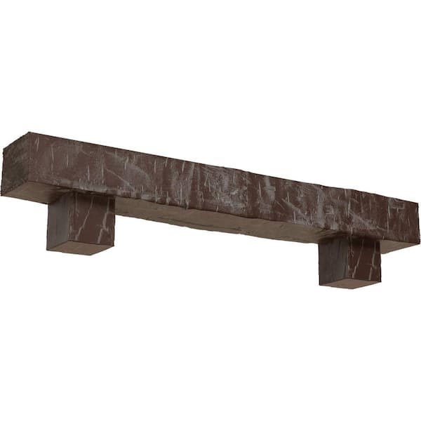 Ekena Millwork 4 in. x 6 in. x 6 ft. Hand Hewn Faux Wood Fireplace Mantel Kit with Alamo Corbels, Aged Pecan