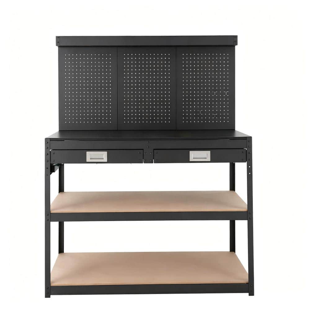 48" Heavy Duty Steel Workbench for Garage, Workshop, or Utility Room 1000lb Capacity, 3-Level Storage Shelves, 2 Drawers