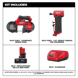 M12 FUEL 12-Volt Lithium-Ion Cordless Compact Band Saw & M12 FUEL 1/4 in. Right Angle Die Grinder with Battery & Charger