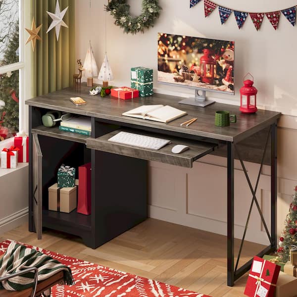 47.2 in. Rectangular Gray Reversible Office Desk with Storage Magnetic Cabinet,Study Writing Desk with Keyboard Tray