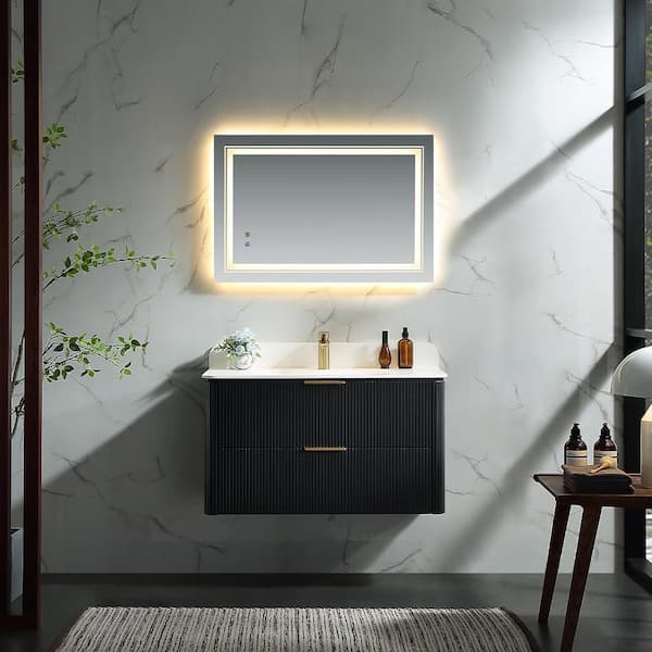 Wenlorin 36 in. Single Sink Floating Black Bath Vanity with White Acrylic Top Pre-Assembled